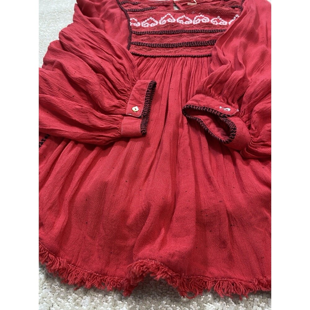 Free People Red Boho Embroidered Lace Peasant Top Women’s Size S/p - Picture 16 of 16